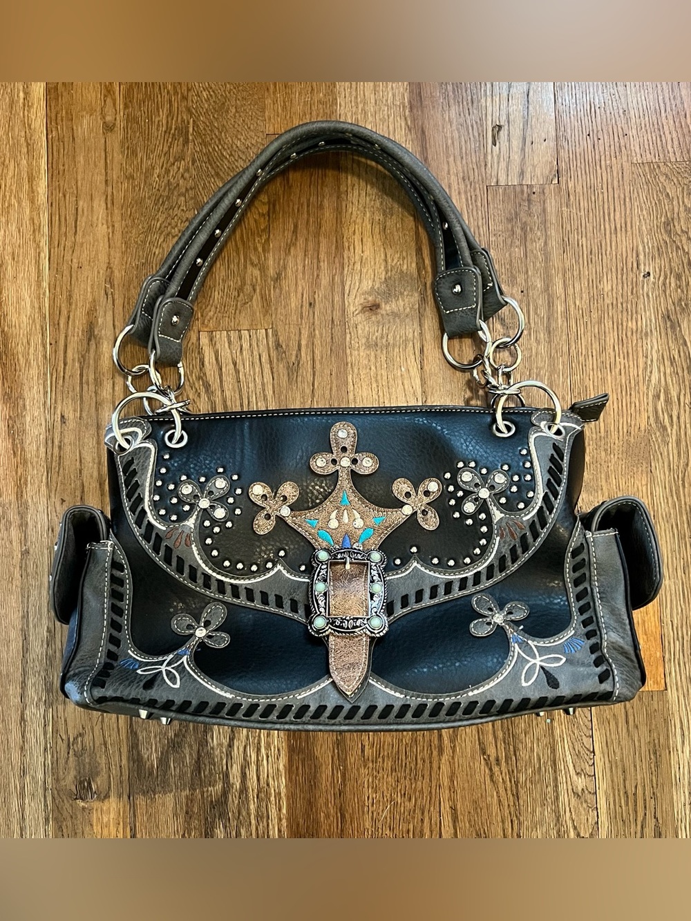 Black Purse Western Designer Handbag Bedazzled Sparkly Buckle